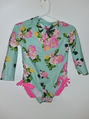 Betsy JOHNSON Girls' Floral Long-Sleeve Rash Guard Swimsuit - Mint & Pink